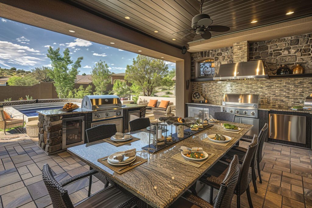 Luxurious home. Portraying a luxurious outdoor kitchen and dining area, complete with high-end appliances, granite countertops, and cozy seating arrangements