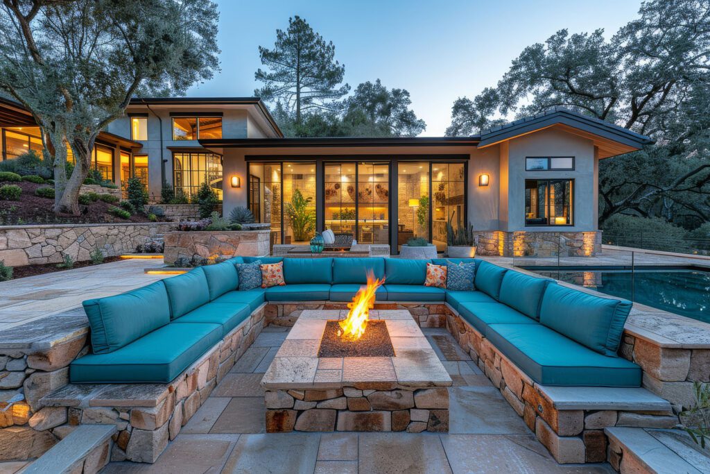 Beautiful outdoor patio with stone walls, seating, fire pit, tur